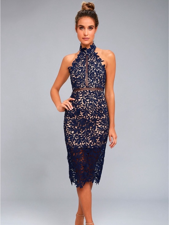 Lulus Dresses & Skirts - NWT Lulus Blue Floral Lace Halter Sheath Midi Dress Lined Zip Back Women M